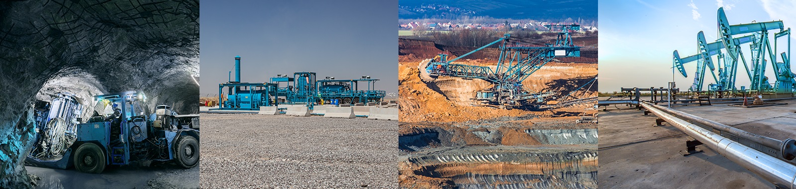 Quatre images représentant les industries extractives (excavations, forage de puits, etc.)